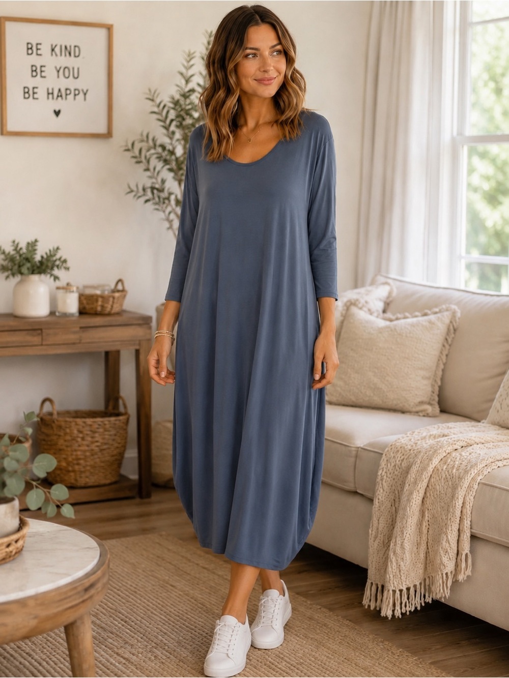 Azules Blue Midi Dress S USA Made 3/4 Sleeve Stretch Swing Dress